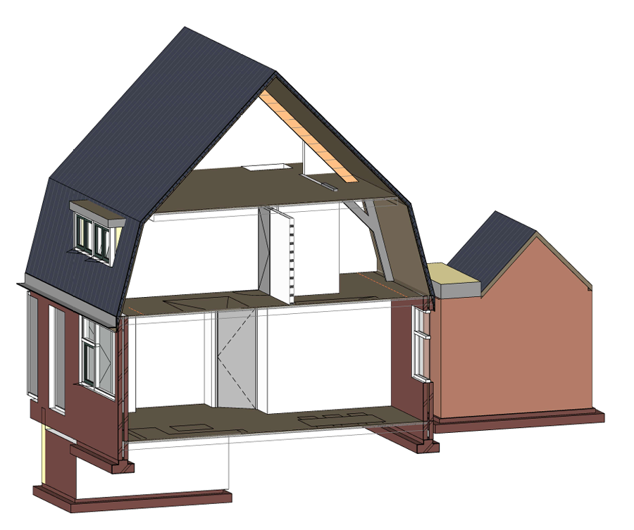 3D weergave bestaande woonkamer woonhuis Huizen